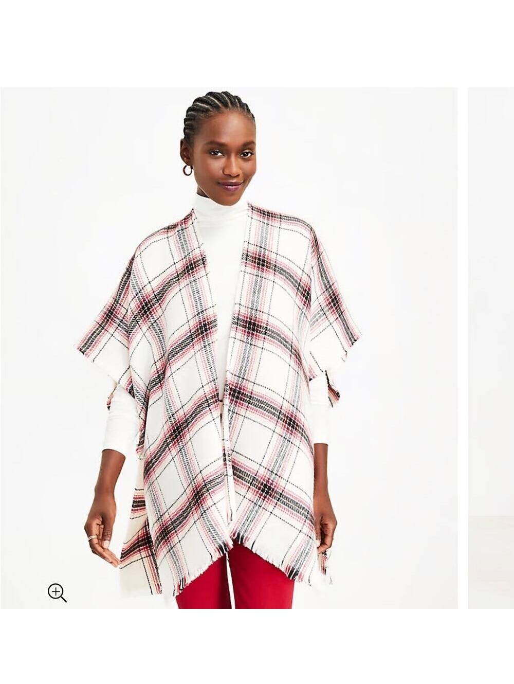 Loft NWOT Women's Plaid Wrap Cream Red Black Frayed Hem Size M/L